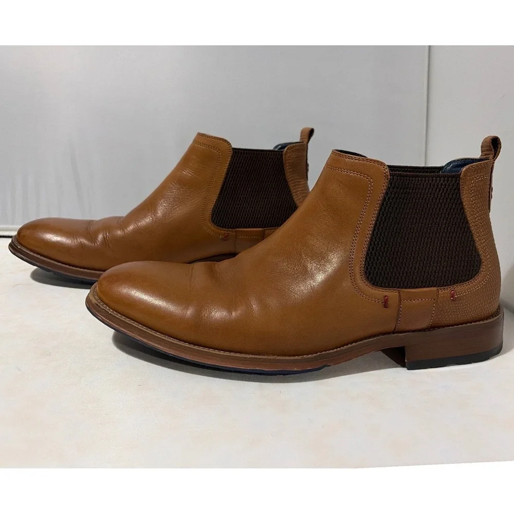 Mr. JOG Mens Tan Leather Chelsea Boots AT2175-2 Brown Textured Heel Size 9